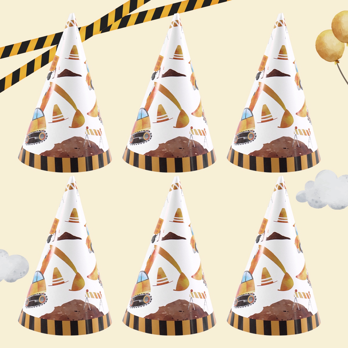 Party Hat Cone - 6 stuks bouwtruck-verjaardagshoed met elastisch koord,